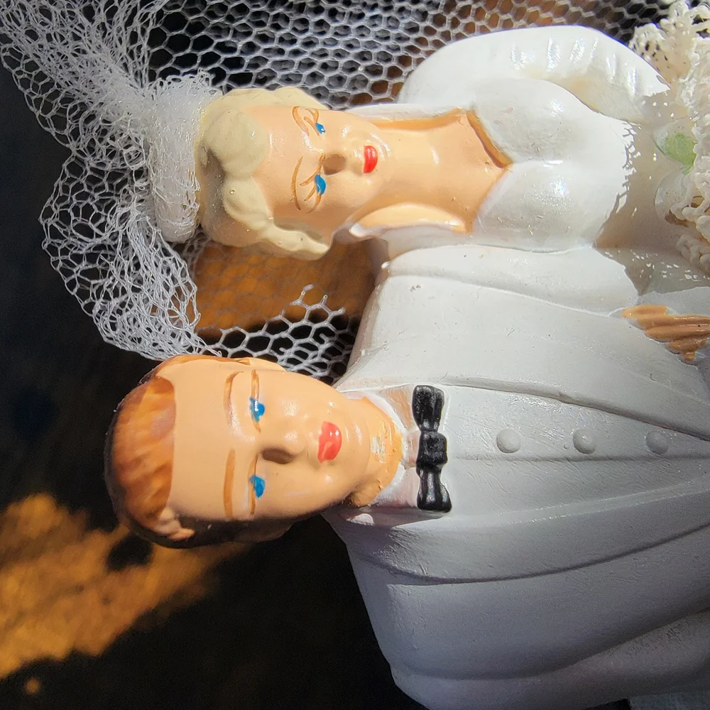 Ivory Bride and Groom Wedding Cake Topper with Veil